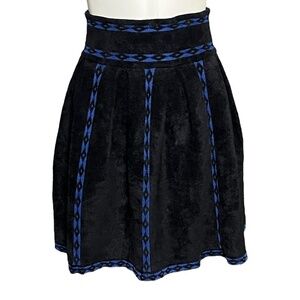 Maje Jerome Jacquard-Pattern Pleated Mini Skirt A-Line Black & Blue Size 1 Small